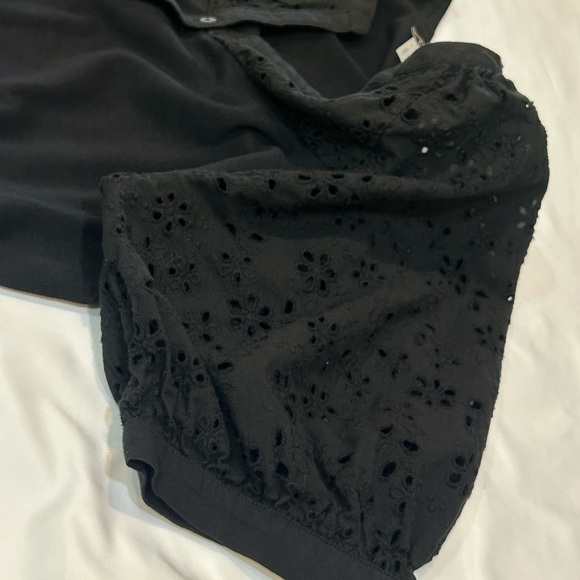 LOFT Black Midi Mixed Media Dress with Eyelet Sleeves Casual Comfy Loose Fit - Picture 4 of 8